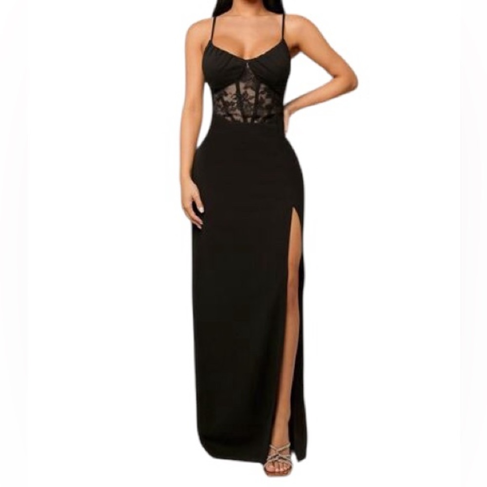 SHEIN Belle Black Lace Corset Split Thigh Long Dress Prom Sexy Size Small